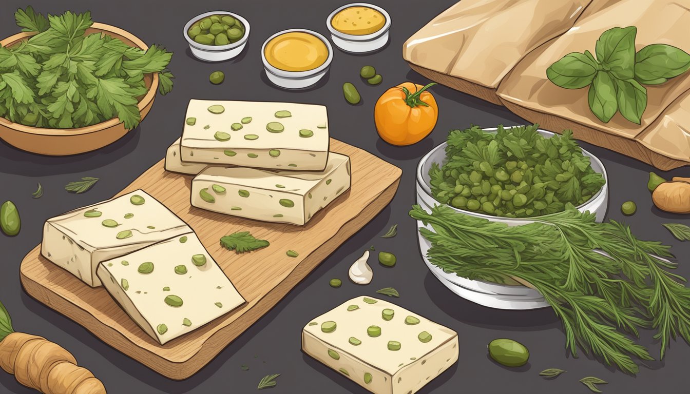 A table with fresh vegetables, olives, and herbs, alongside a block of tofu and a package of vegan cheese, all ready to be used for making Greek pizza