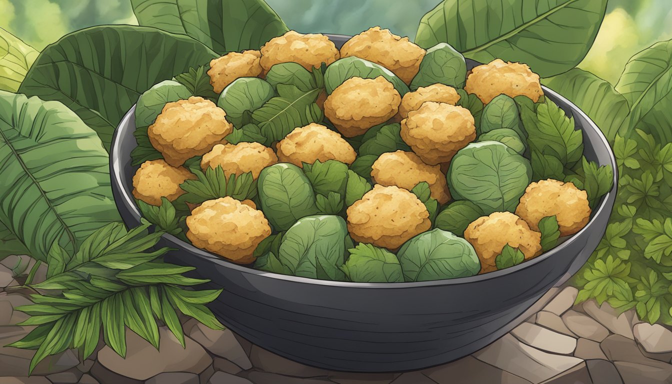 A bowl of Lesser Evil Paleo Puffs surrounded by natural elements like leaves and rocks