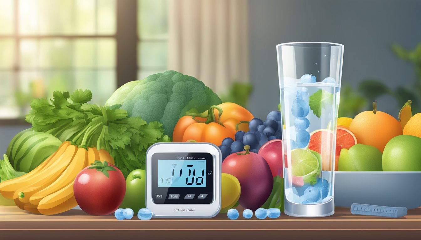 A glass of water surrounded by fresh fruits and vegetables, with a blood sugar monitor in the background