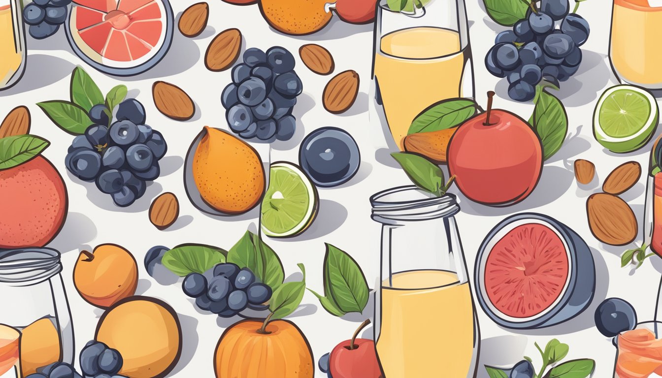 A glass of unsweetened almond milk surrounded by diabetes-friendly fruits and a blood sugar monitor