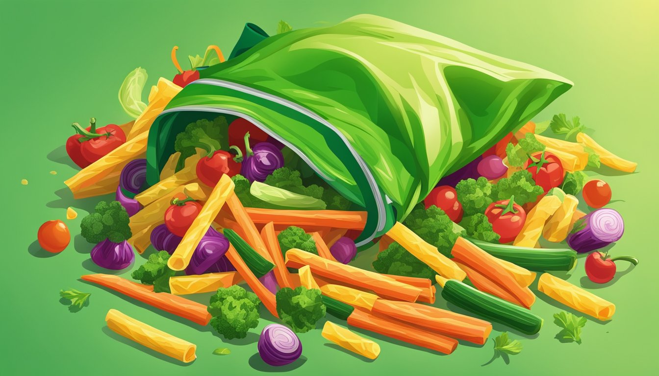 A colorful pile of Veggie Straws spills out of a vibrant green bag, surrounded by fresh vegetables and a burst of sunlight