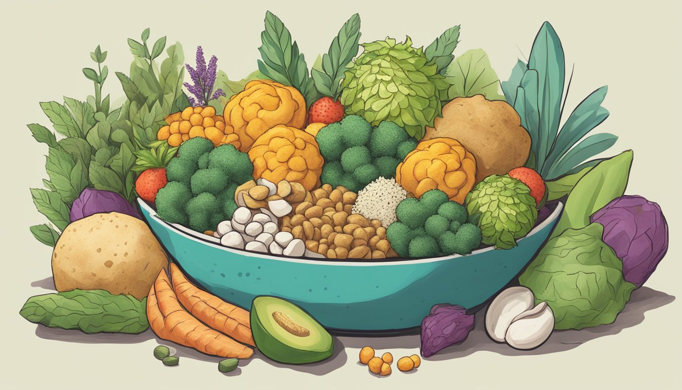 A bowl of paleo puffs surrounded by various plant-based ingredients, with a focus on the "lesser evil" branding