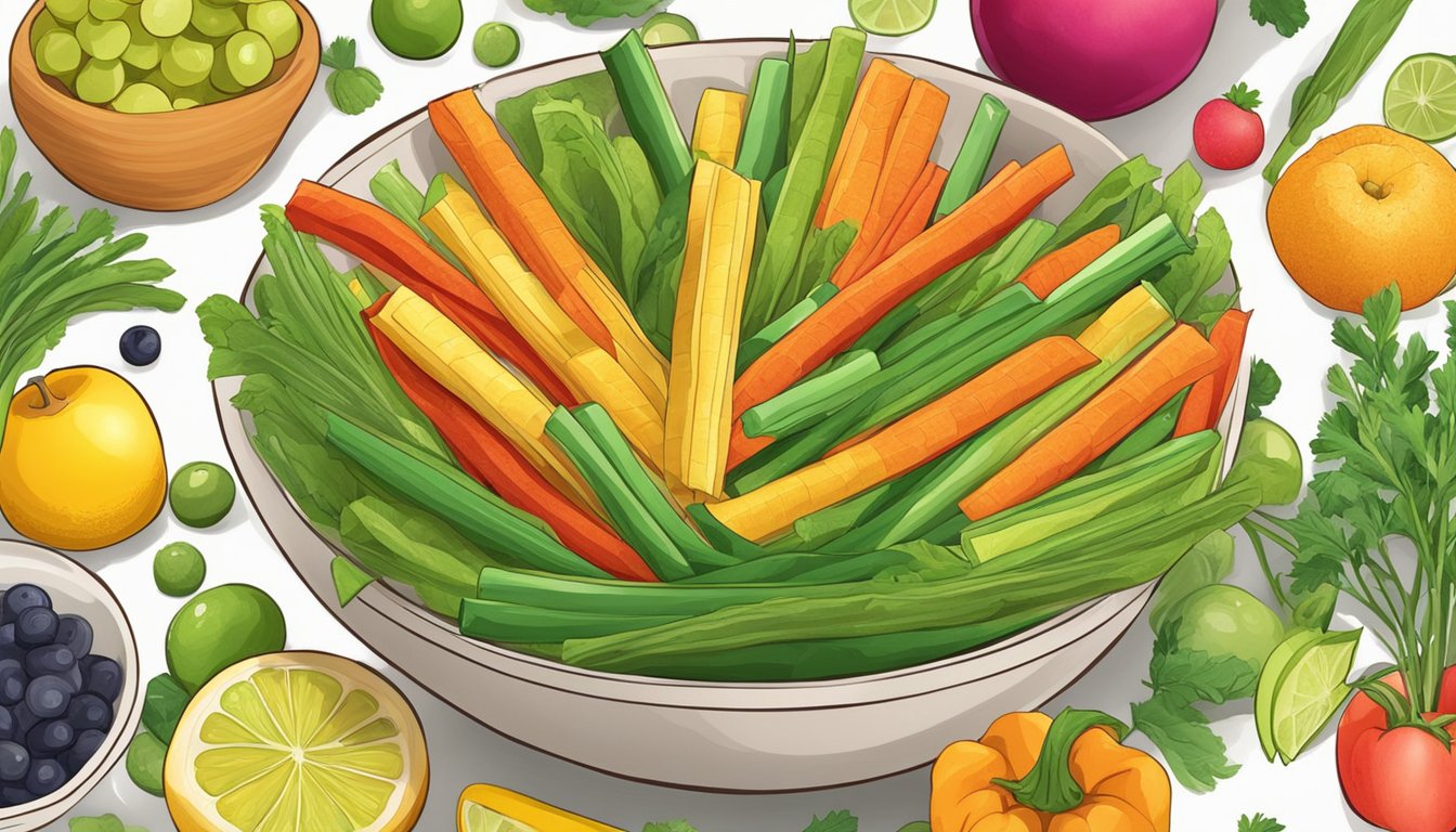 A bowl of colorful veggie straws surrounded by fresh vegetables and fruits