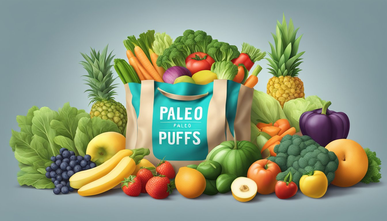 A bag of paleo puffs surrounded by fresh fruits and vegetables