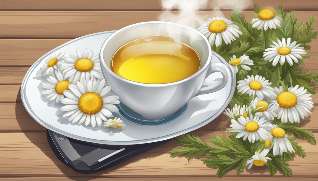 A steaming cup of chamomile tea sits on a wooden table, surrounded by fresh chamomile flowers and a blood sugar monitor