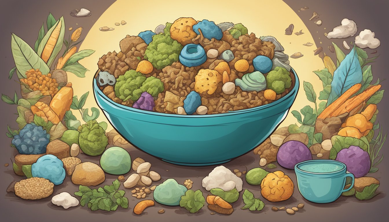 A bowl of Lesser Evil Paleo Puffs surrounded by various allergen symbols, with a prominent "vegan" label