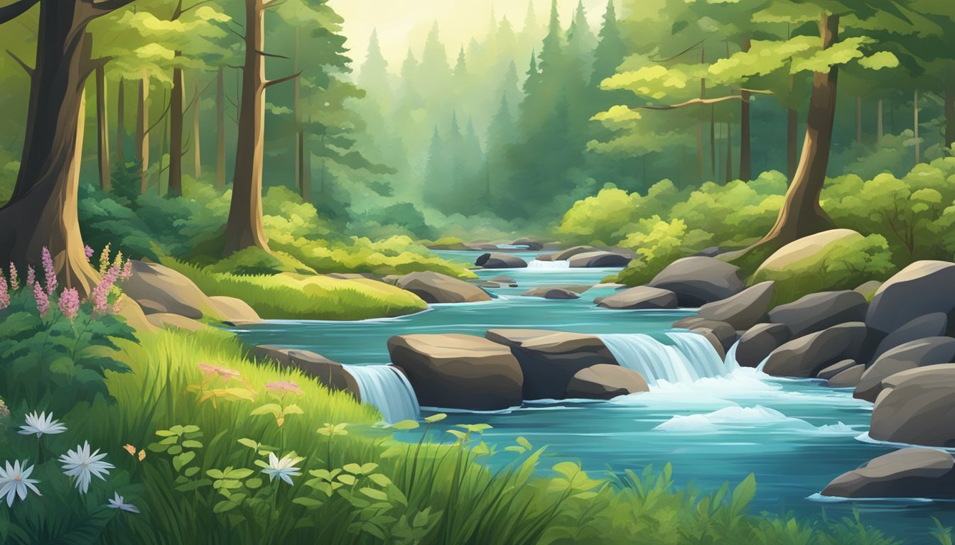 A serene forest clearing with a flowing stream, surrounded by vibrant plant life and wildlife