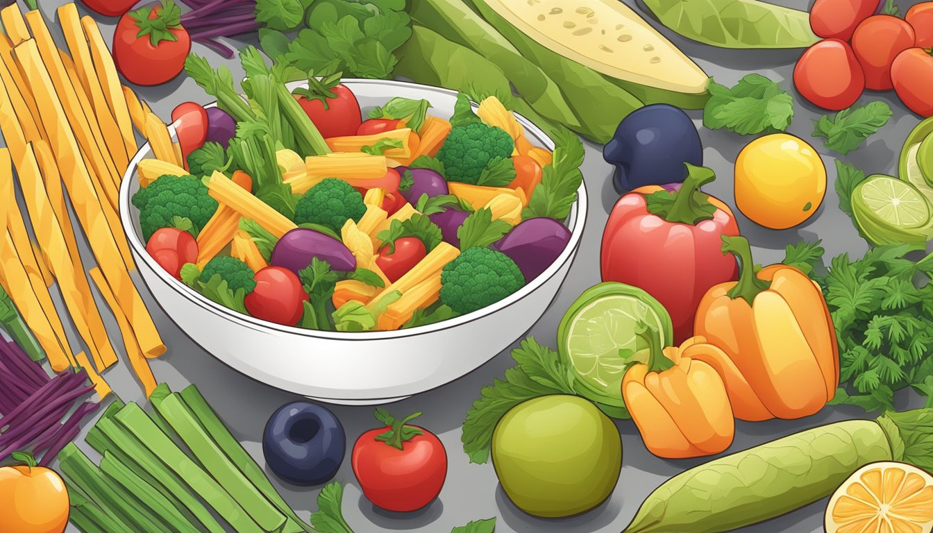 A bowl of colorful veggie straws surrounded by fresh vegetables and fruits