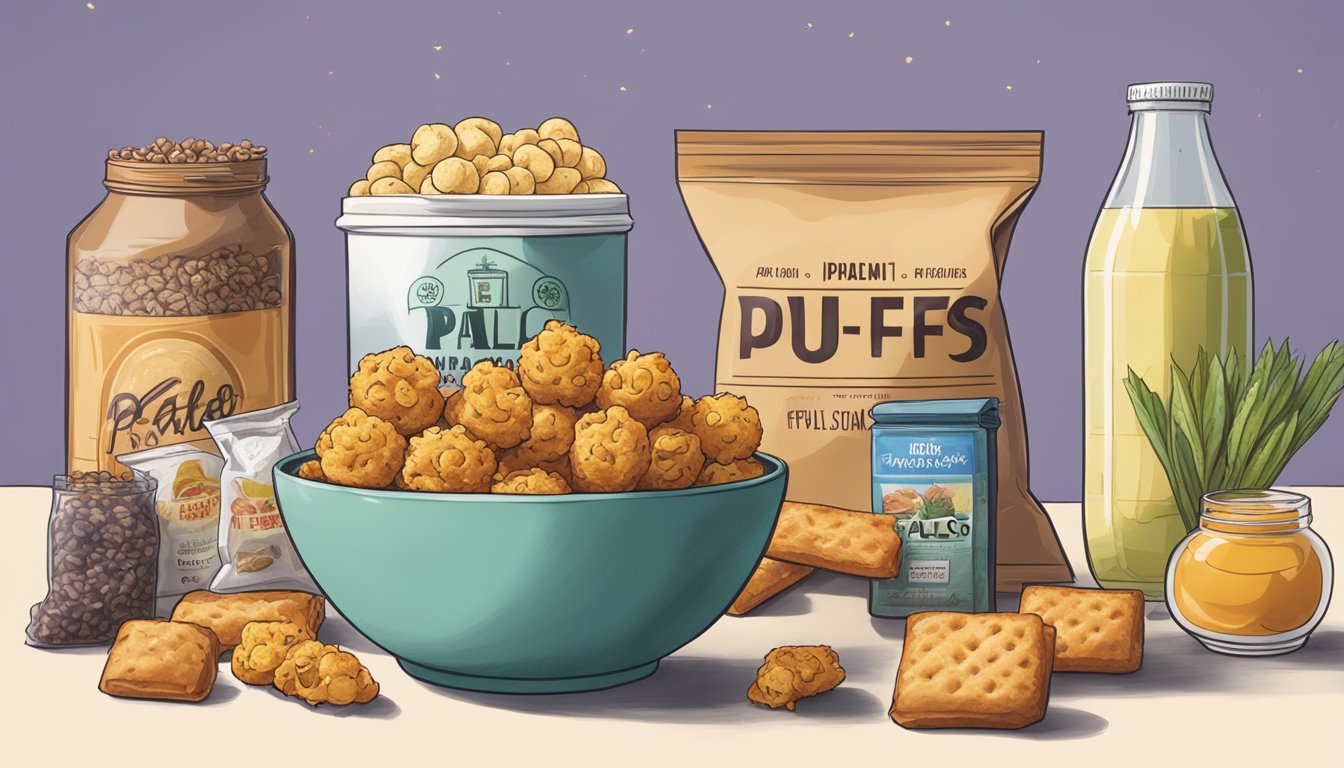 A bowl of paleo puffs sits next to traditional snacks, with a clear contrast in color, texture, and ingredients