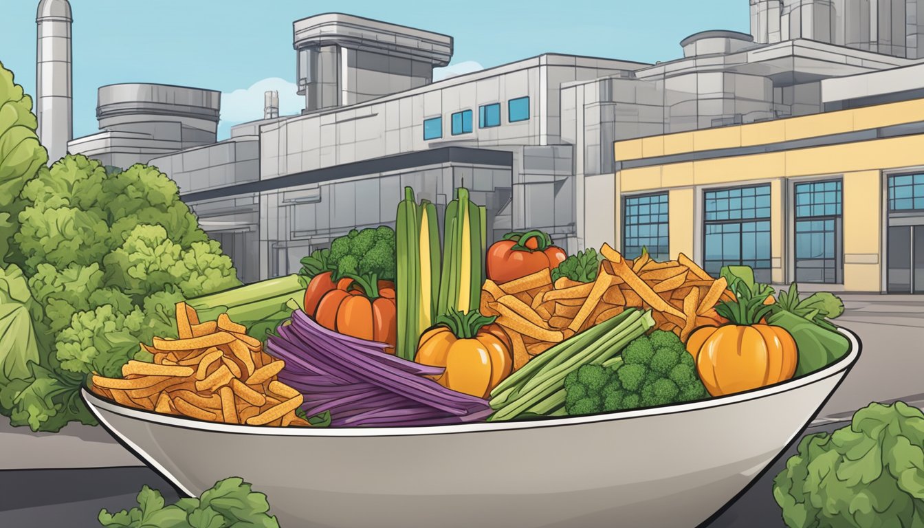 A colorful bowl overflowing with crunchy veggie straws, surrounded by fresh vegetables and a sleek manufacturing facility in the background