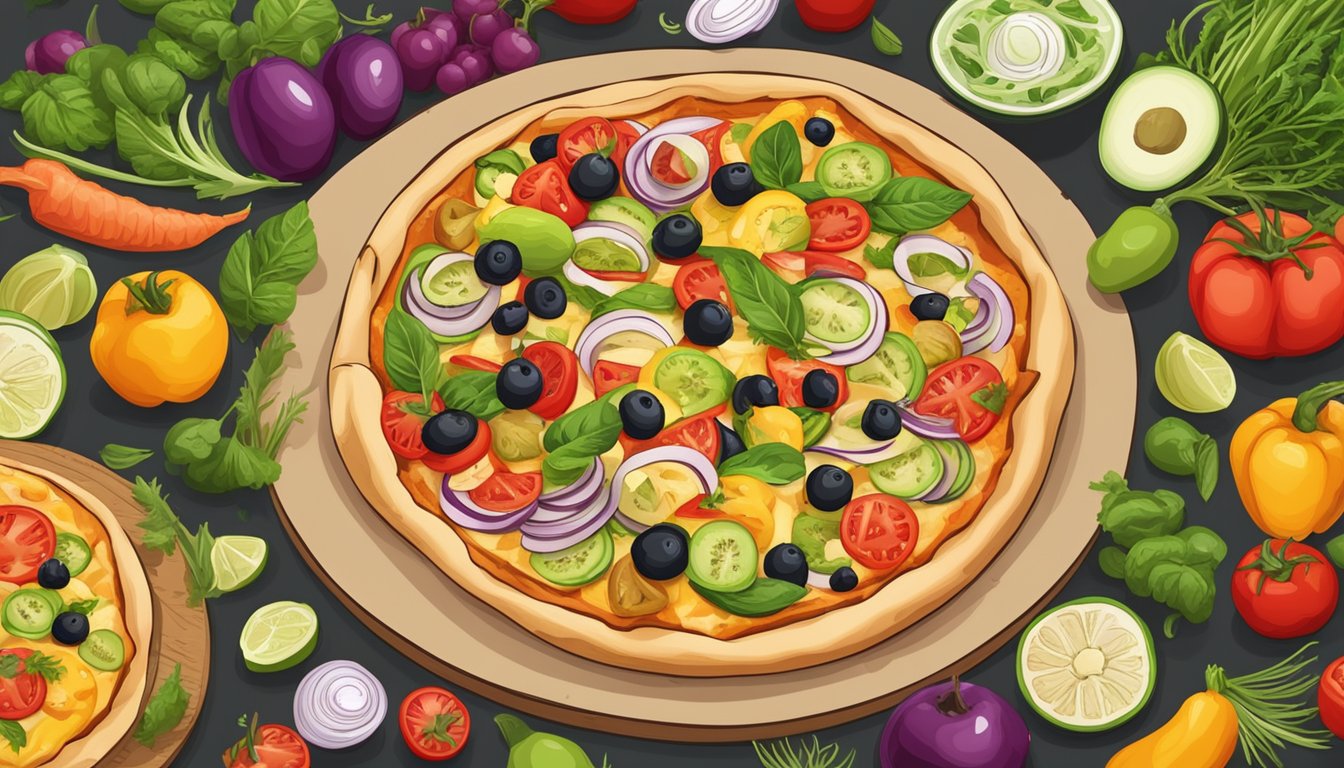 A traditional Greek pizza surrounded by fresh vegetables and fruits, with a clear label indicating vegan nutritional information