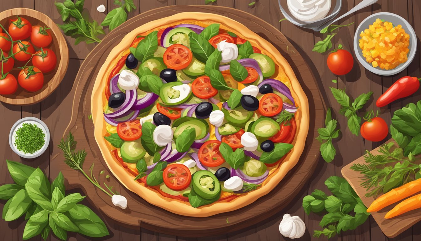 A round Greek pizza with vegan toppings is placed on a wooden serving board, surrounded by fresh herbs and colorful vegetables