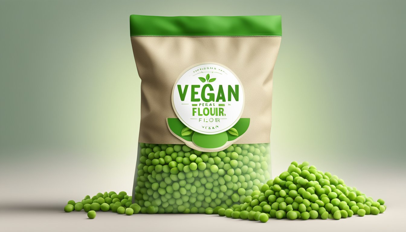 A bag of green pea flour surrounded by fresh green peas and a label with "vegan" symbol