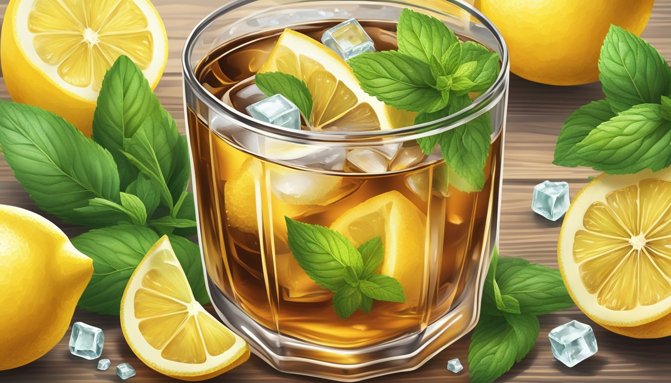 A glass of iced tea with lemon slices, surrounded by fresh mint leaves and ice cubes, sits on a wooden table