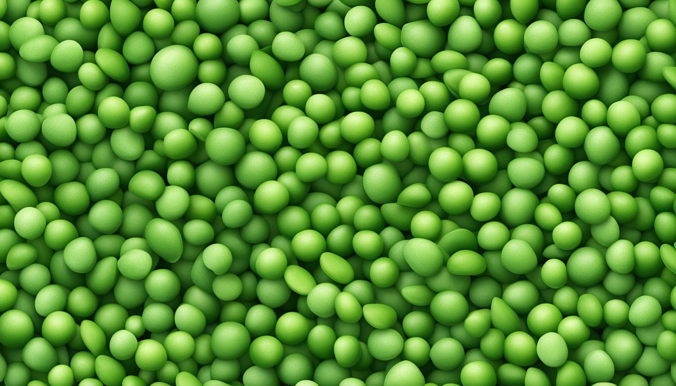 A pile of vibrant green pea flour surrounded by fresh green peas and pea pods