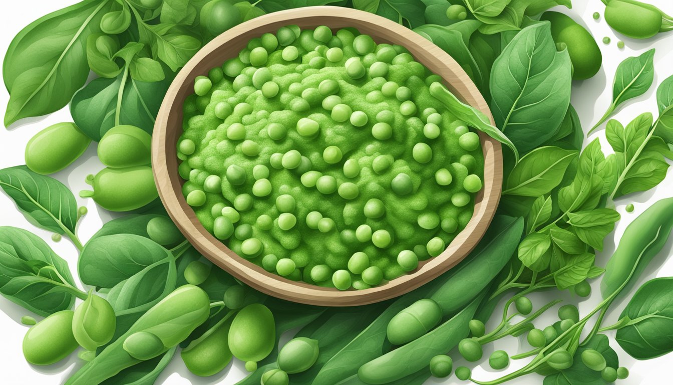 A bowl of green pea flour surrounded by fresh peas, spinach leaves, and other vibrant green vegetables