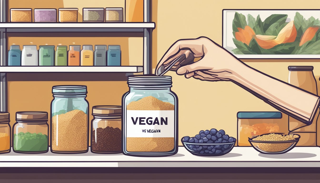 A hand pouring date sugar into a glass jar, next to a shelf with various vegan ingredients and a labeled "Vegan" sign