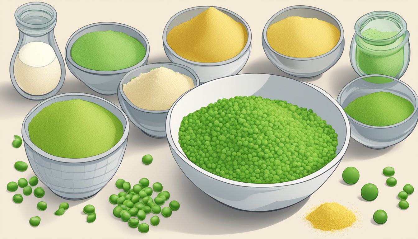 A bowl of green pea flour beside various other flour alternatives