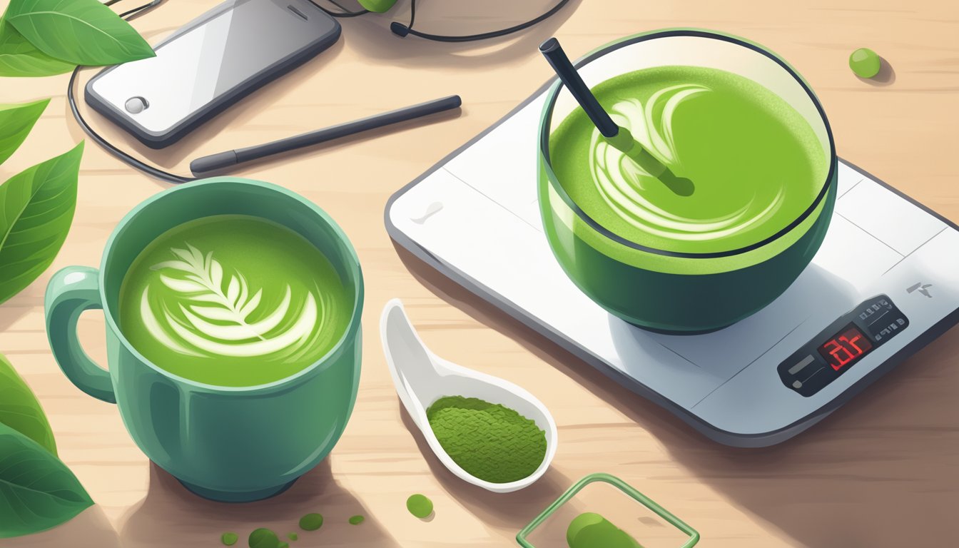 A green matcha latte sits on a table with a straw, surrounded by fresh green tea leaves and a blood sugar monitor