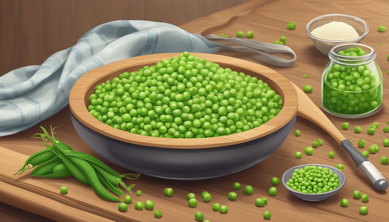 A bowl of green pea flour surrounded by fresh peas, a whisk, and various cooking utensils on a wooden kitchen counter