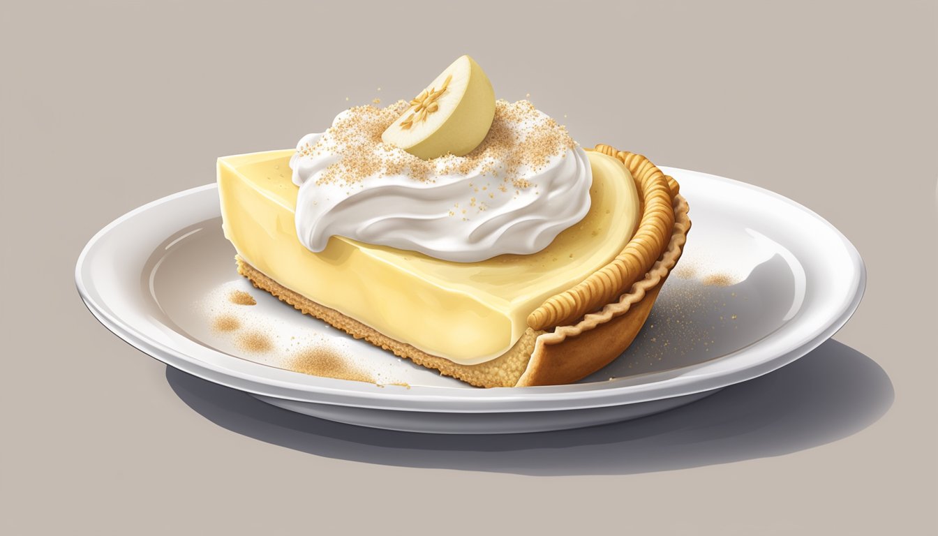 A slice of banana cream pie with a golden crust, creamy filling, and slices of fresh banana on top, surrounded by a dollop of whipped cream and a sprinkle of cinnamon