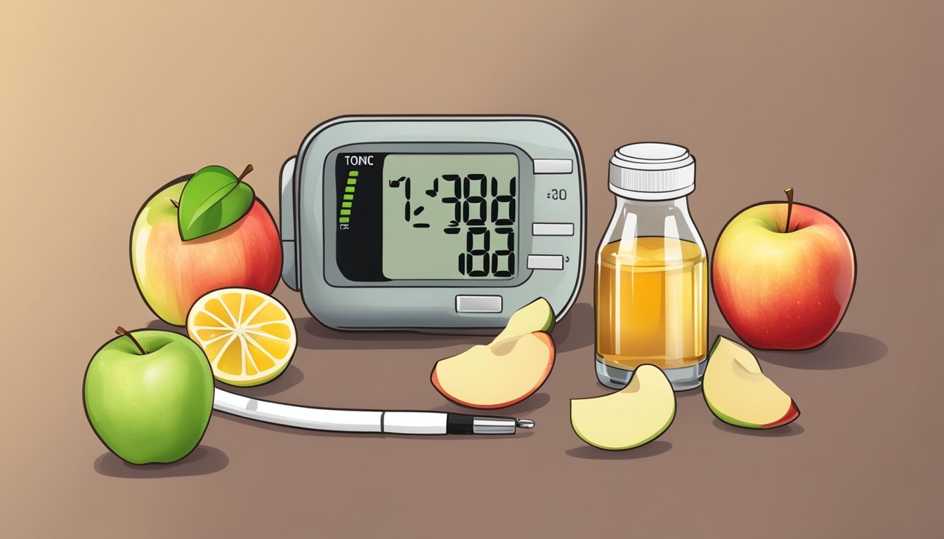 A glass of apple cider vinegar tonic surrounded by fresh apples and a blood sugar monitor