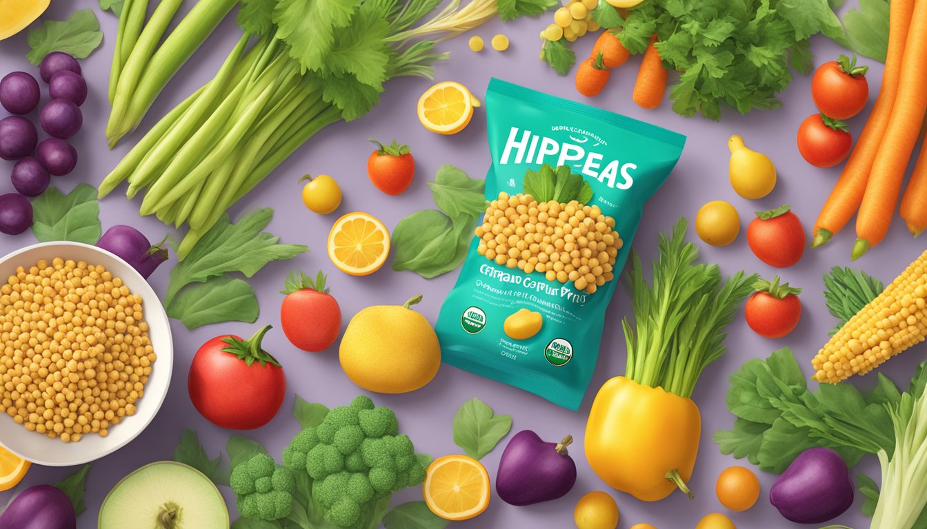 A bag of Hippeas organic chickpea puffs surrounded by vibrant vegetables and fruits