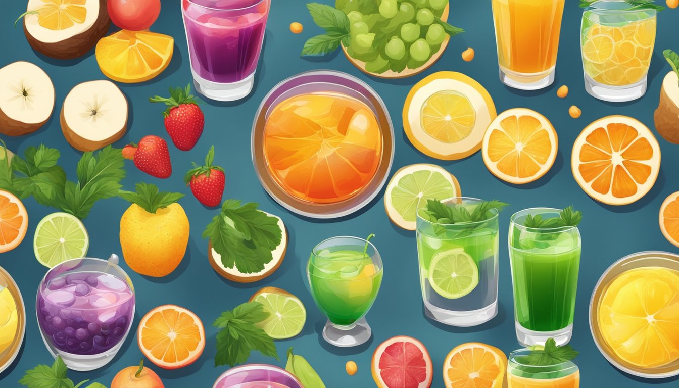 A table with a variety of colorful drinks, including water, herbal tea, and freshly squeezed fruit juice, surrounded by fresh fruits and vegetables