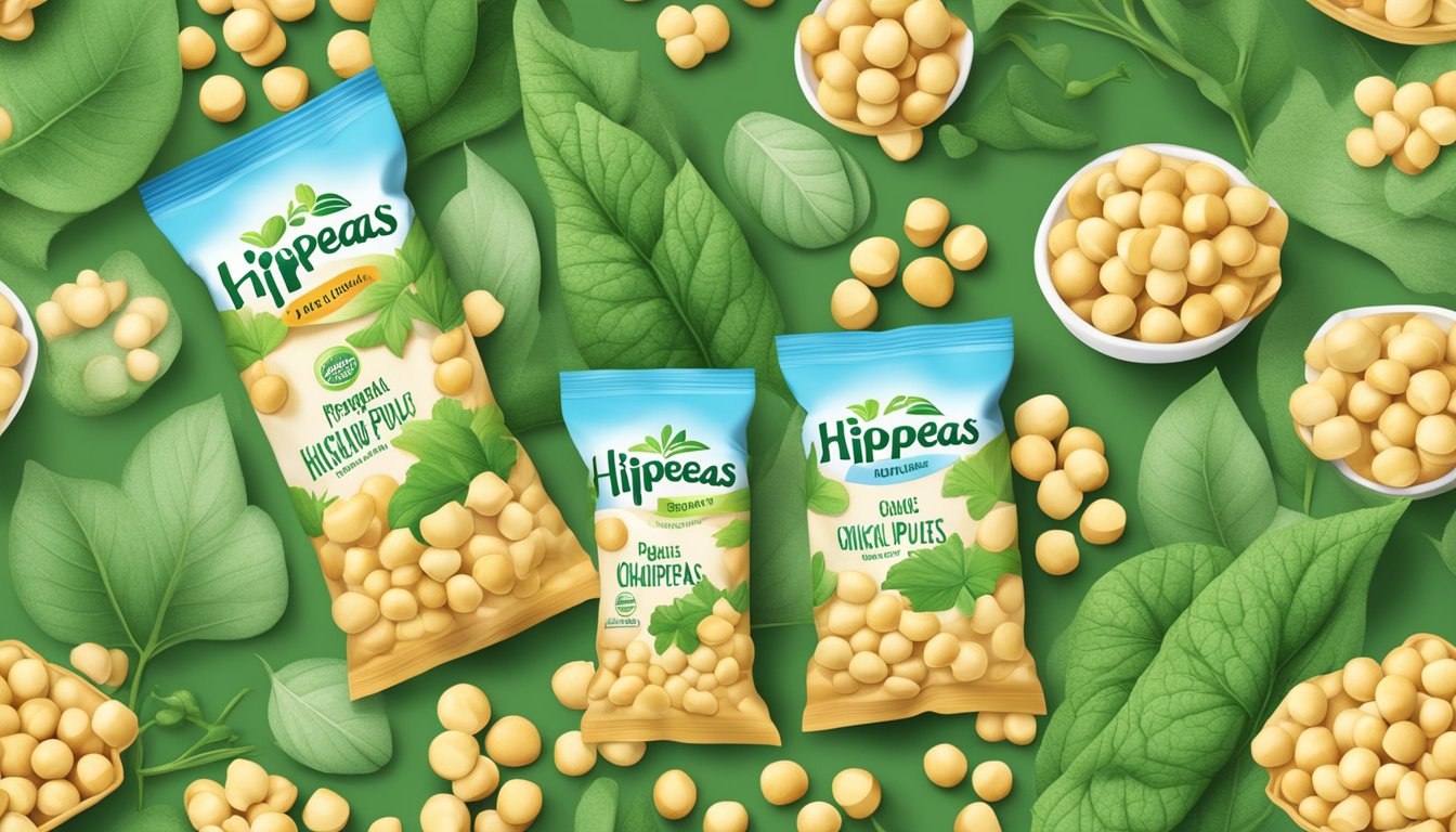 A bag of Hippeas Puffs surrounded by fresh organic chickpeas and vibrant green leaves