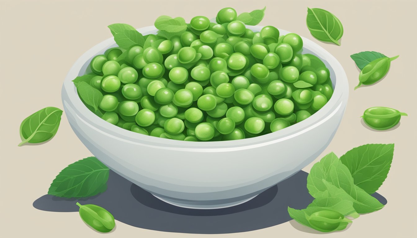 A bowl of Snapea Crisps surrounded by fresh green peas and a sprig of mint