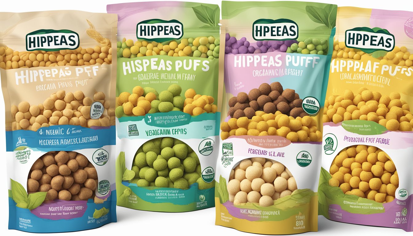 A colorful array of hippeas chickpea puffs in various flavors, with the "organic" and "vegan" labels prominently displayed