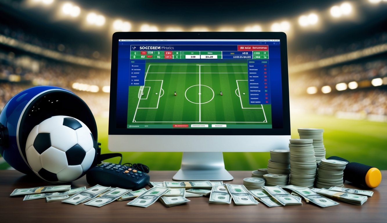 Sebuah layar komputer menampilkan pertandingan sepak bola dengan odds taruhan, dikelilingi oleh peralatan olahraga dan tumpukan uang tunai