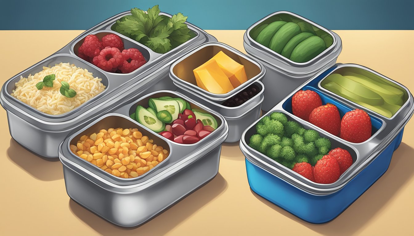 A trio of LunchBots containers arranged neatly, with a variety of healthy and colorful food items inside, showcasing portion control and blood sugar management