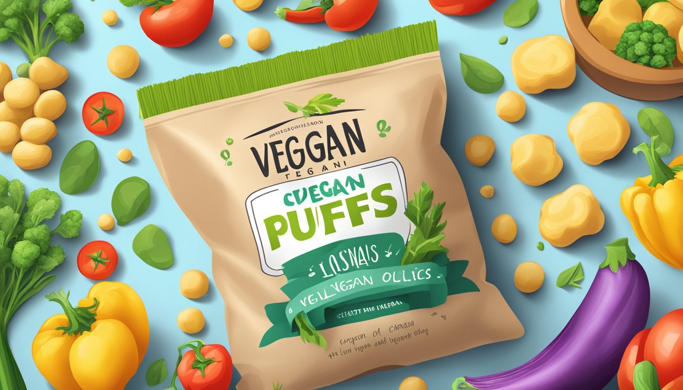 A colorful pile of organic chickpea puffs spills out of a bag, surrounded by vibrant vegetables and a "vegan" label