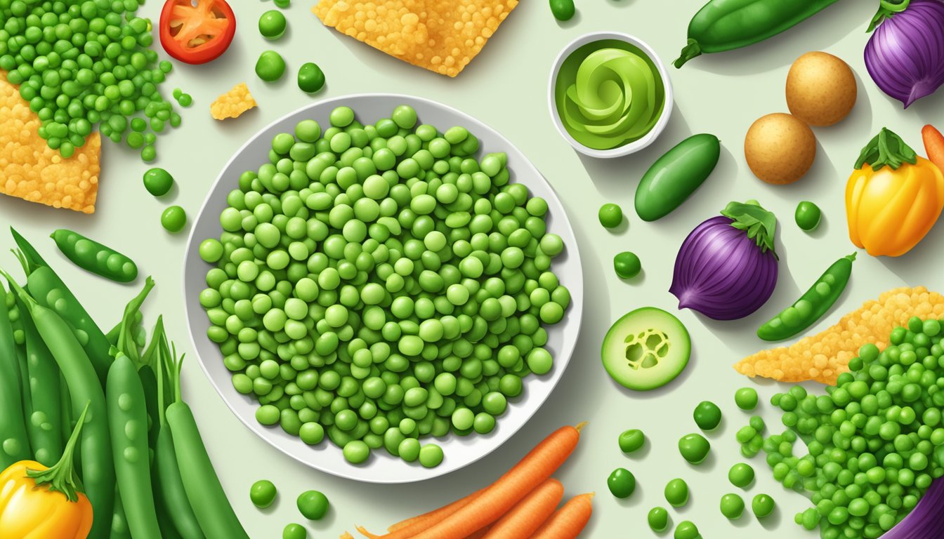 A pile of Snapea Crisps surrounded by fresh green peas and a variety of colorful vegetables