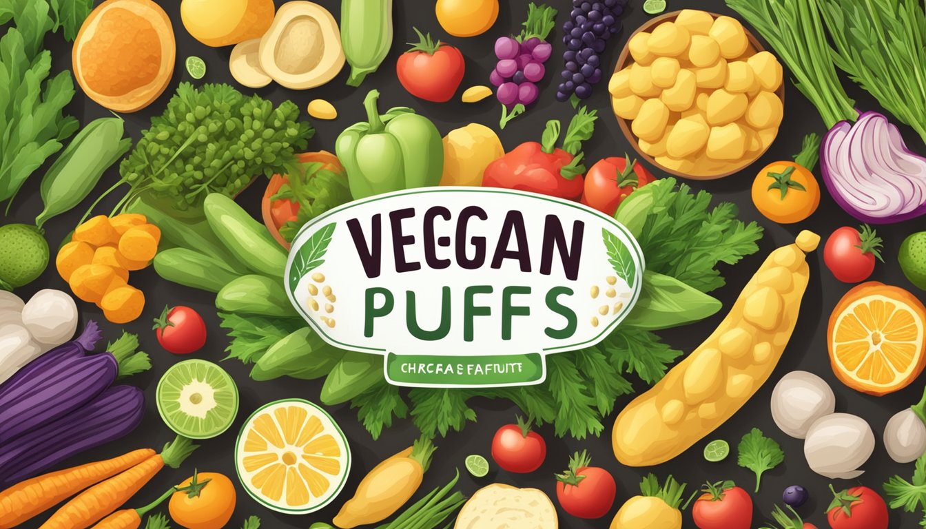 A vibrant and colorful display of various organic chickpea puffs surrounded by fresh vegetables and fruits, with a prominent "vegan" label