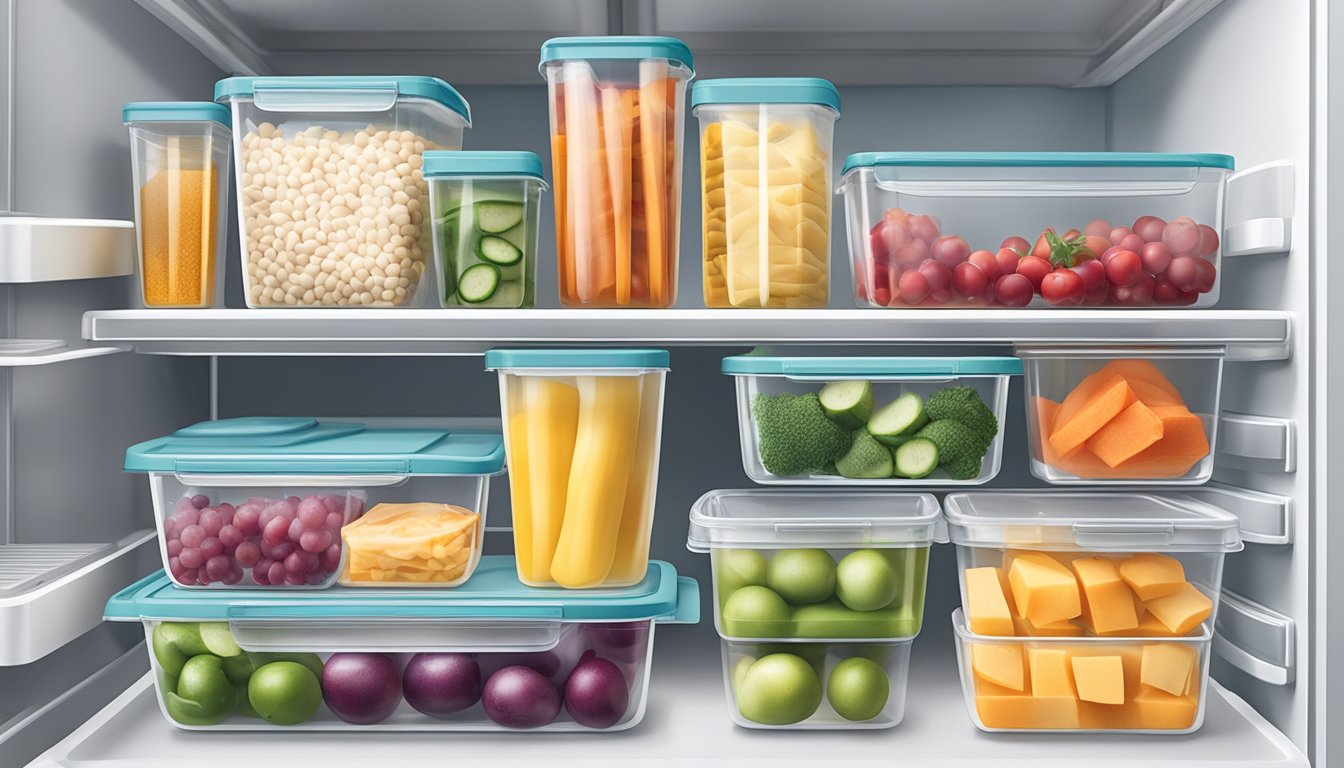 A neatly organized refrigerator shelf with portioned food containers labeled "Rubbermaid Brilliance Food Storage" for diabetes management