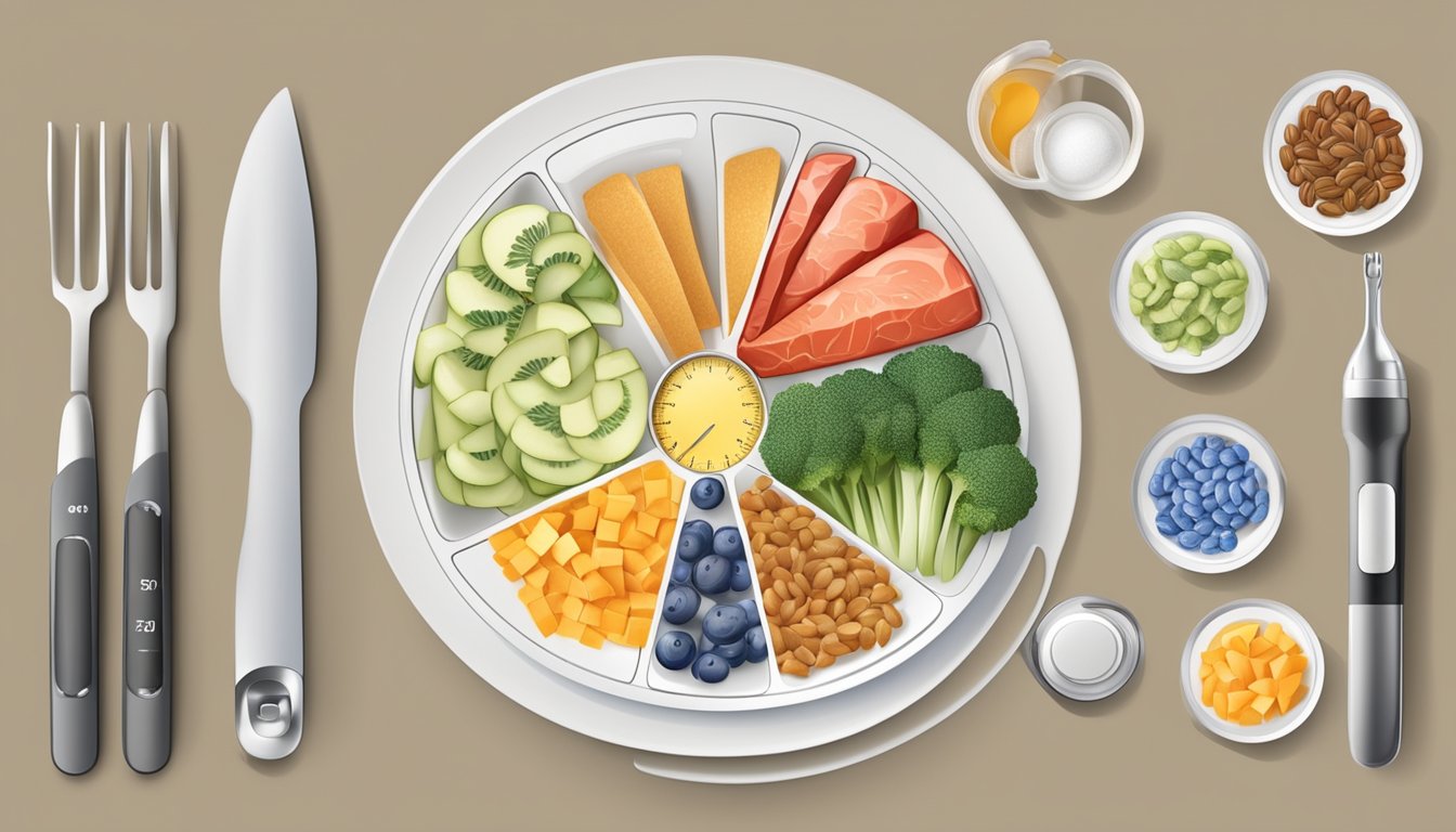 A plate with divided sections, each labeled for different food groups, with a measuring tool and a blood sugar monitor next to it