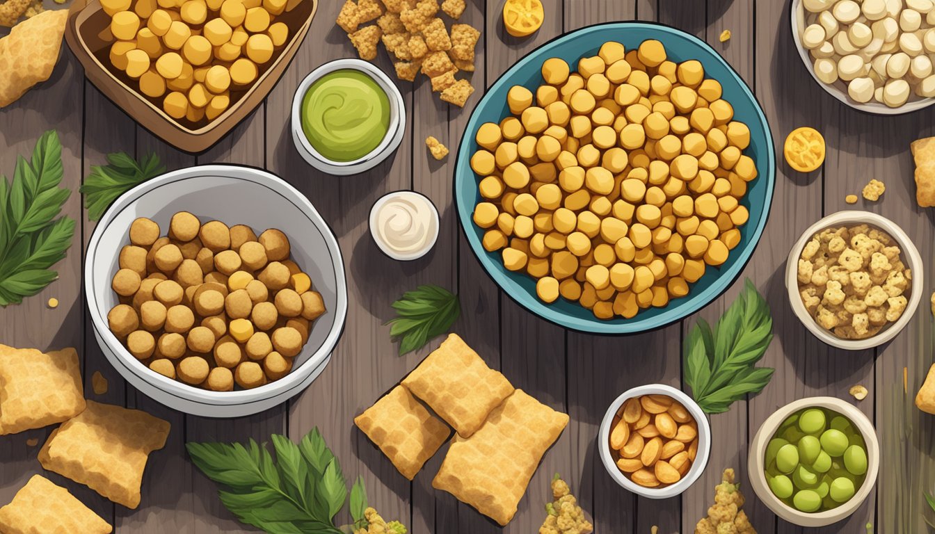 A bowl of Hippeas organic chickpea puffs surrounded by various vegan snacks on a wooden table