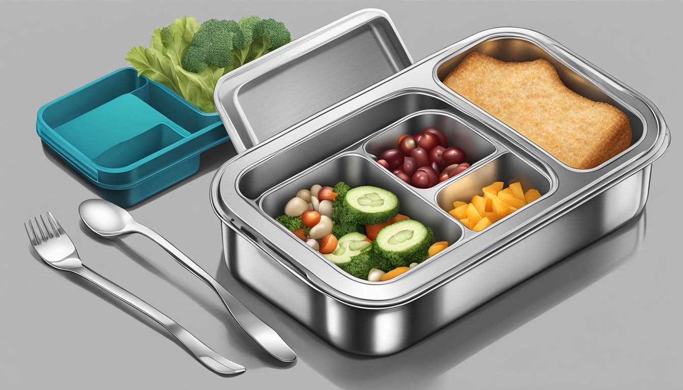 A stainless steel lunch container with compartments, filled with balanced, portioned meals and a blood sugar monitoring device nearby