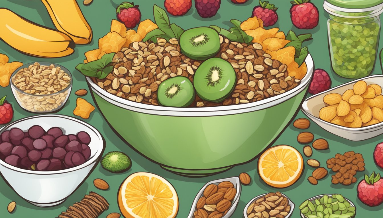 A bowl of snapea crisps surrounded by various alternative snacks, including fruits, nuts, and granola bars