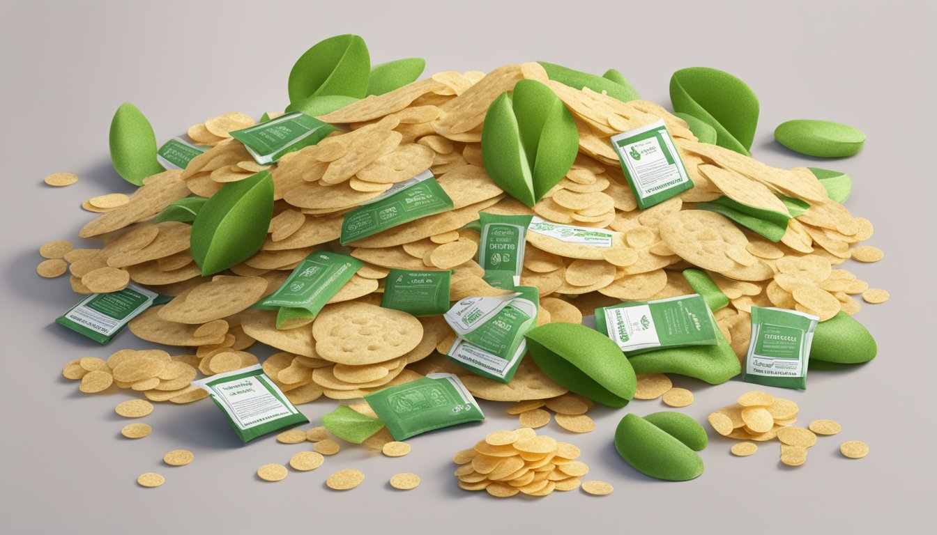 A pile of snapea crisps surrounded by icons of various certifications and health standards