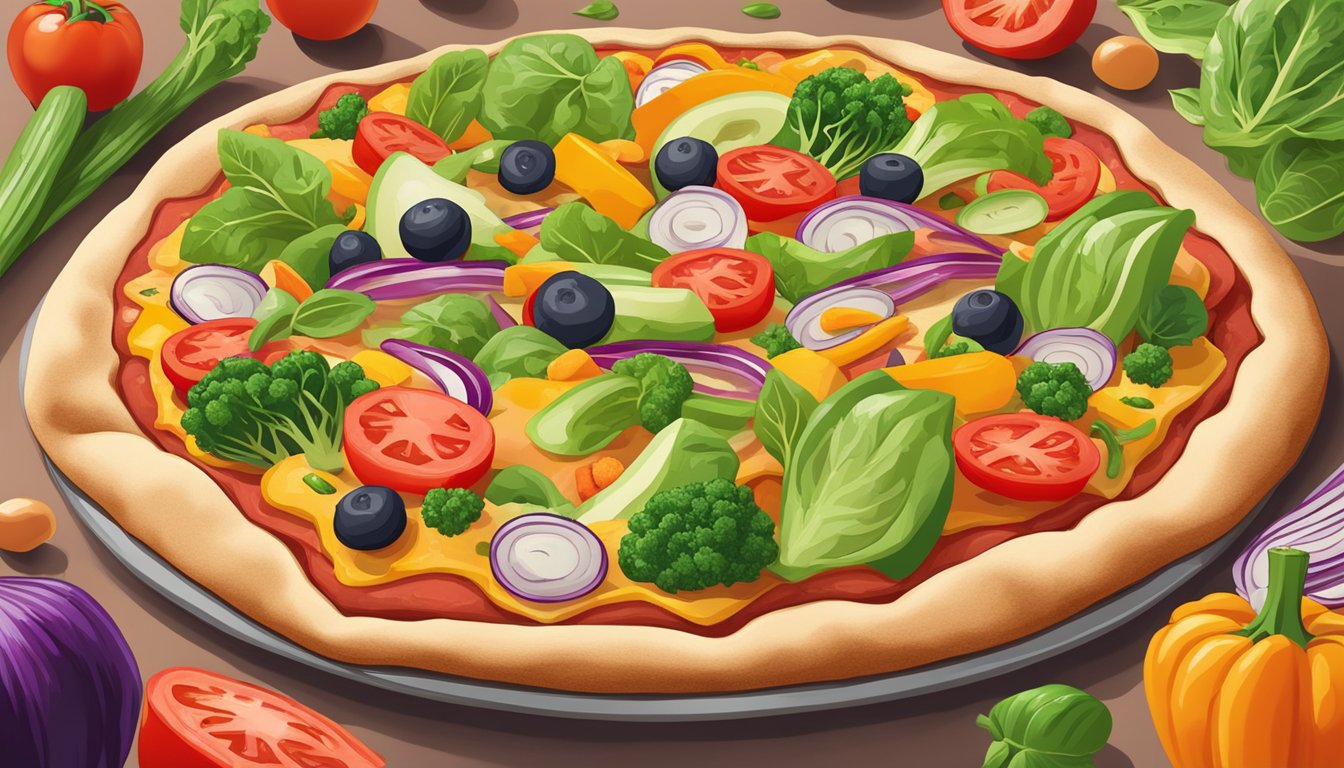 A colorful array of fresh vegetables and plant-based protein toppings spread out on a vegan pizza crust