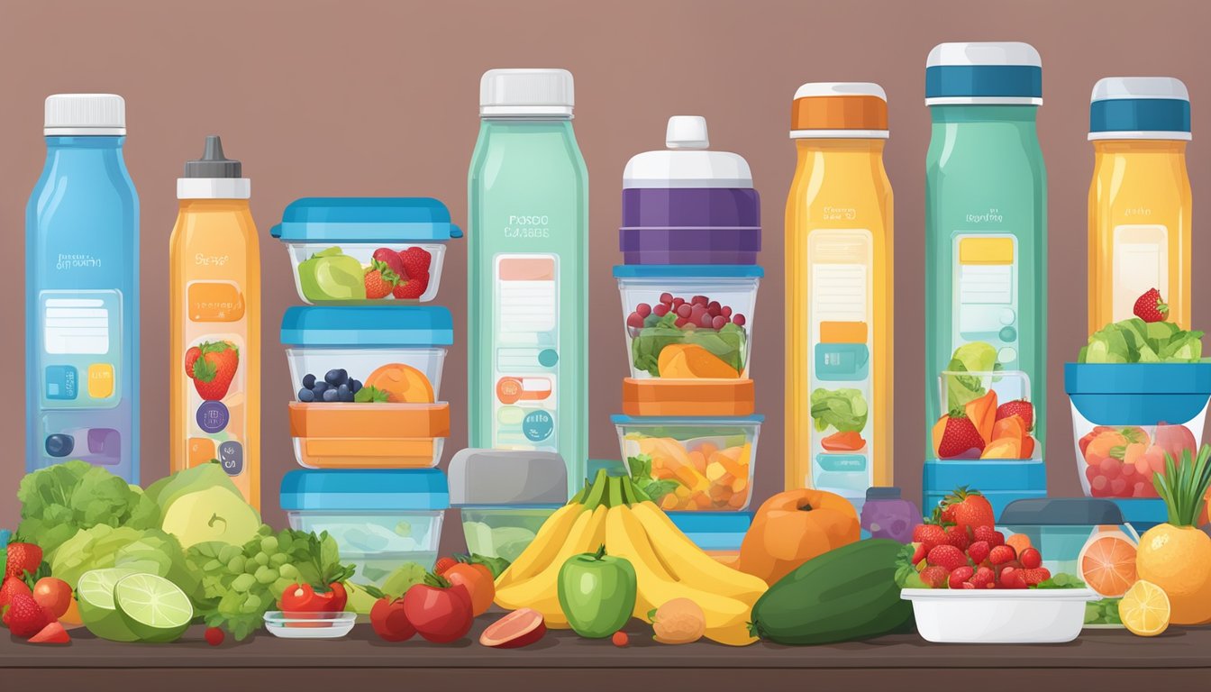 A colorful array of portion-controlled lunch containers with labels, surrounded by fresh fruits and vegetables, a water bottle, and a blood sugar monitoring device