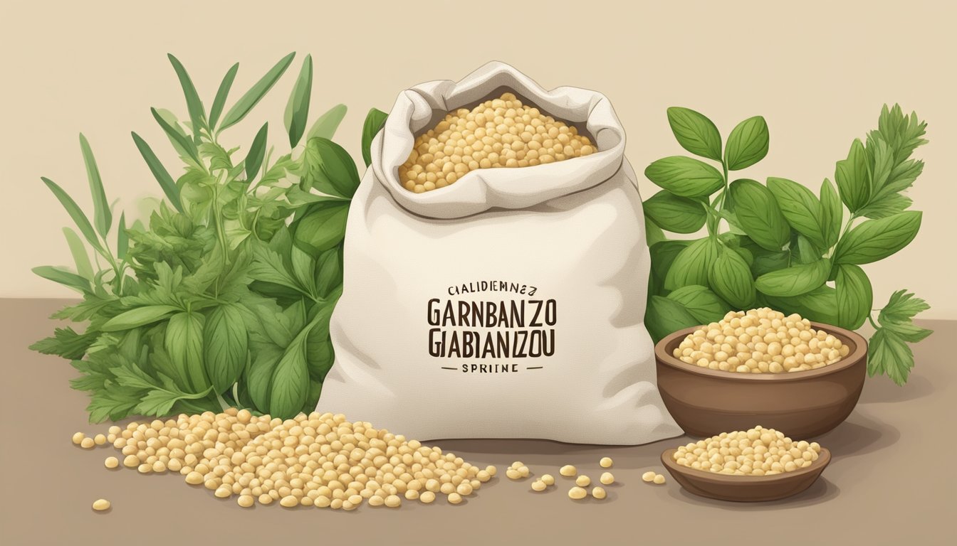 A bag of garbanzo bean flour surrounded by whole garbanzo beans and a few sprigs of fresh herbs