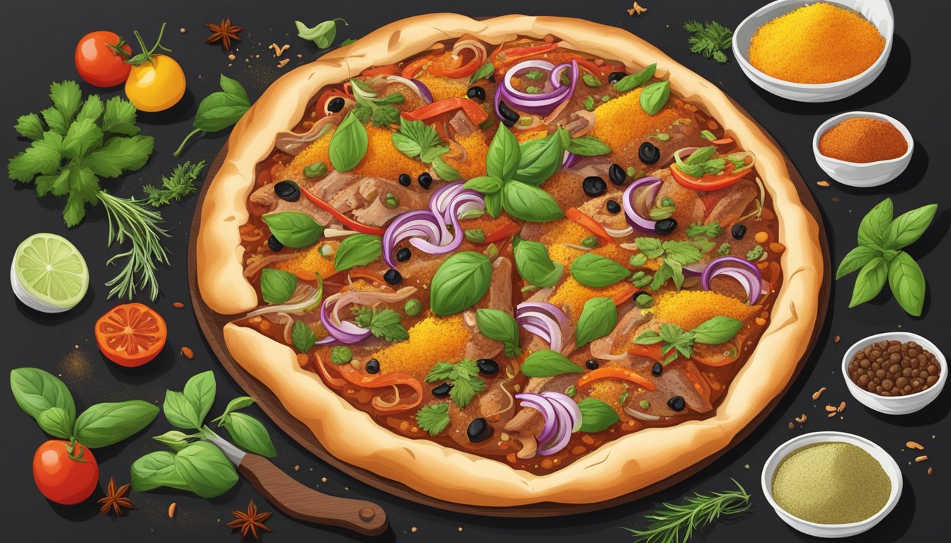 A colorful assortment of spices and herbs sprinkled generously over a sizzling pulled pork pizza, adding depth and flavor to the vegan dish