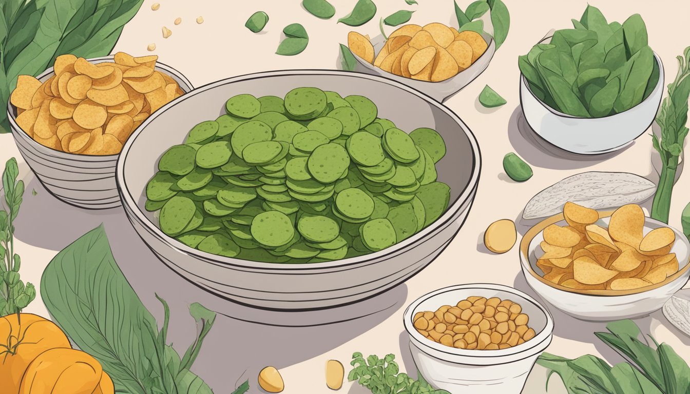 A bowl of snapea crisps surrounded by various plant-based ingredients and a chart showing the rise in vegan snack consumption