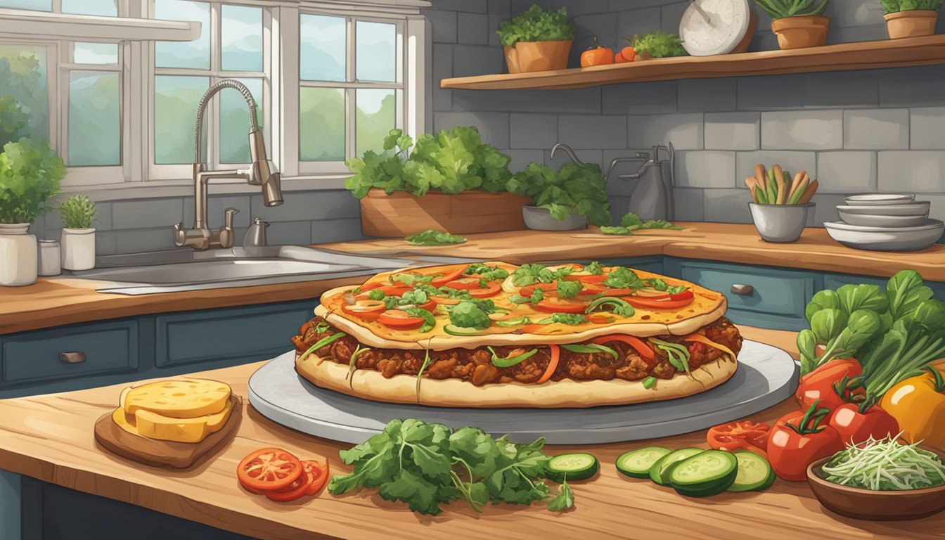 A colorful, rustic kitchen counter displays a freshly baked vegan pulled pork pizza, topped with vibrant vegetables and savory plant-based cheese