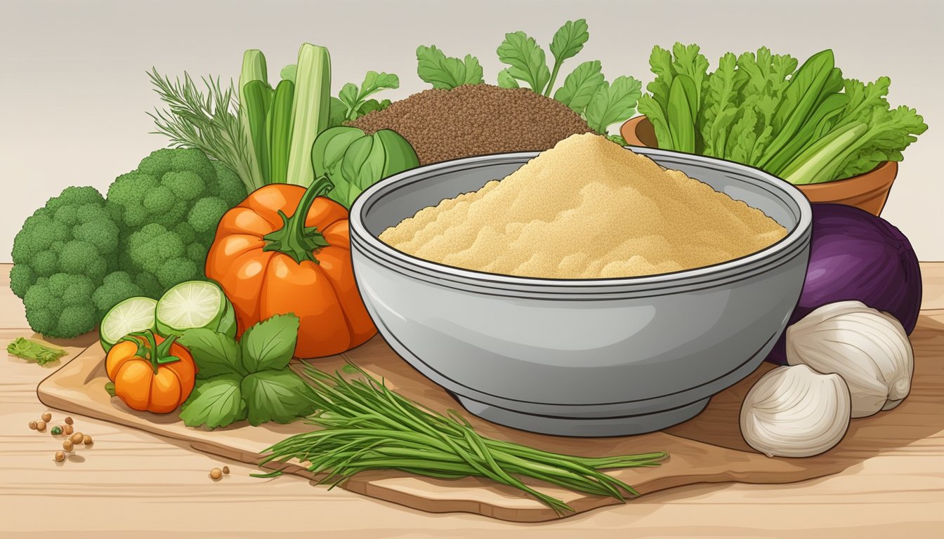 A bowl of garbanzo bean flour sits next to a variety of fresh vegetables, herbs, and spices, ready to be used in vegan culinary creations