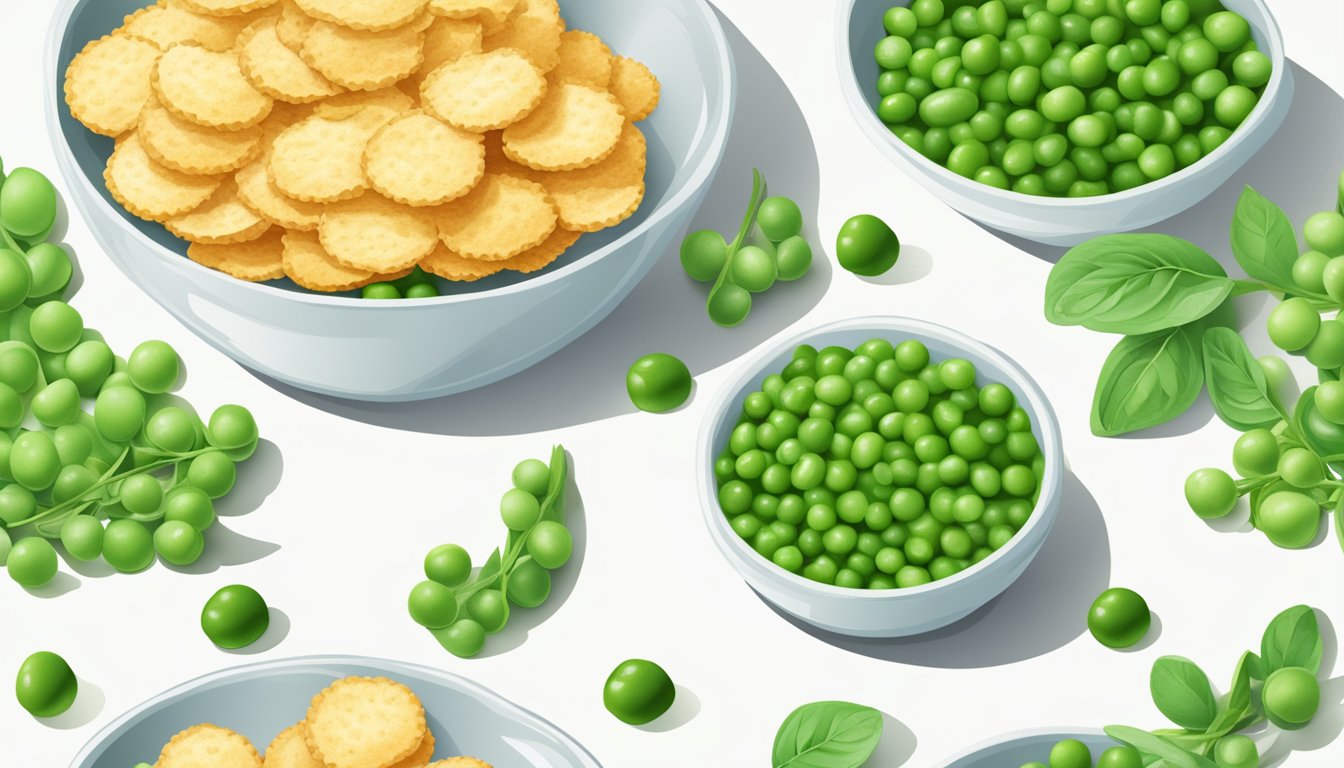 A bowl of snapea crisps surrounded by fresh green peas and a sprig of mint